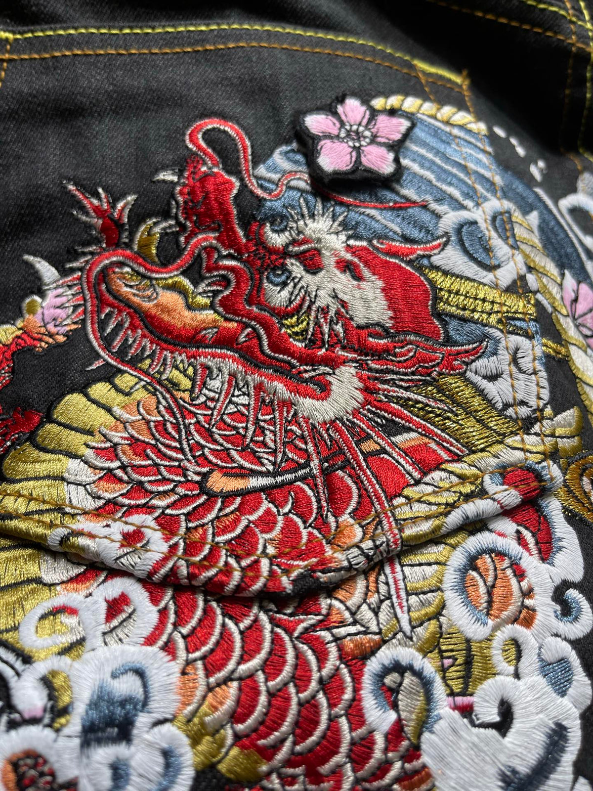 EVISU Kuro Dragon & Daruma Full-Back Embroidery Selvedge Jeans