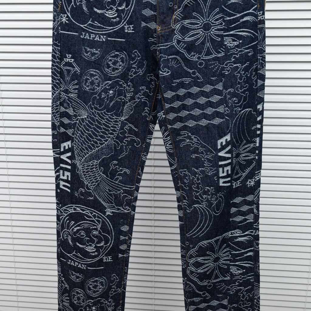 EVISU Wagara Allover Print Seagull Logo Embroidery Straight Jeans