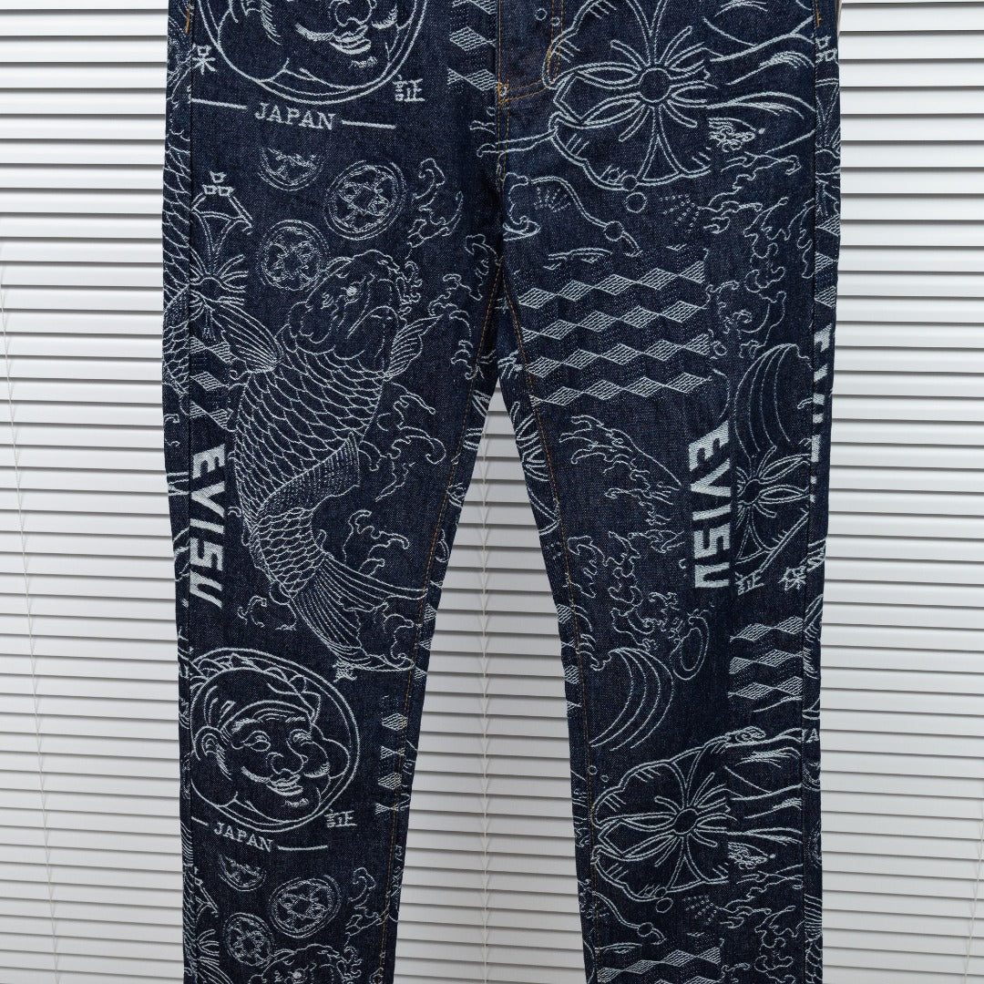 EVISU Wagara Allover Print Seagull Logo Embroidery Straight Jeans