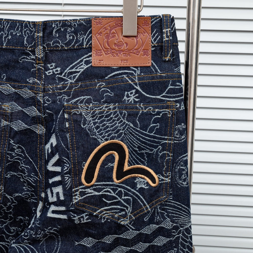 EVISU Wagara Allover Print Seagull Logo Embroidery Straight Jeans