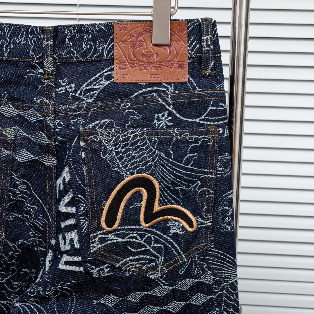 EVISU Wagara Allover Print Seagull Logo Embroidery Straight Jeans