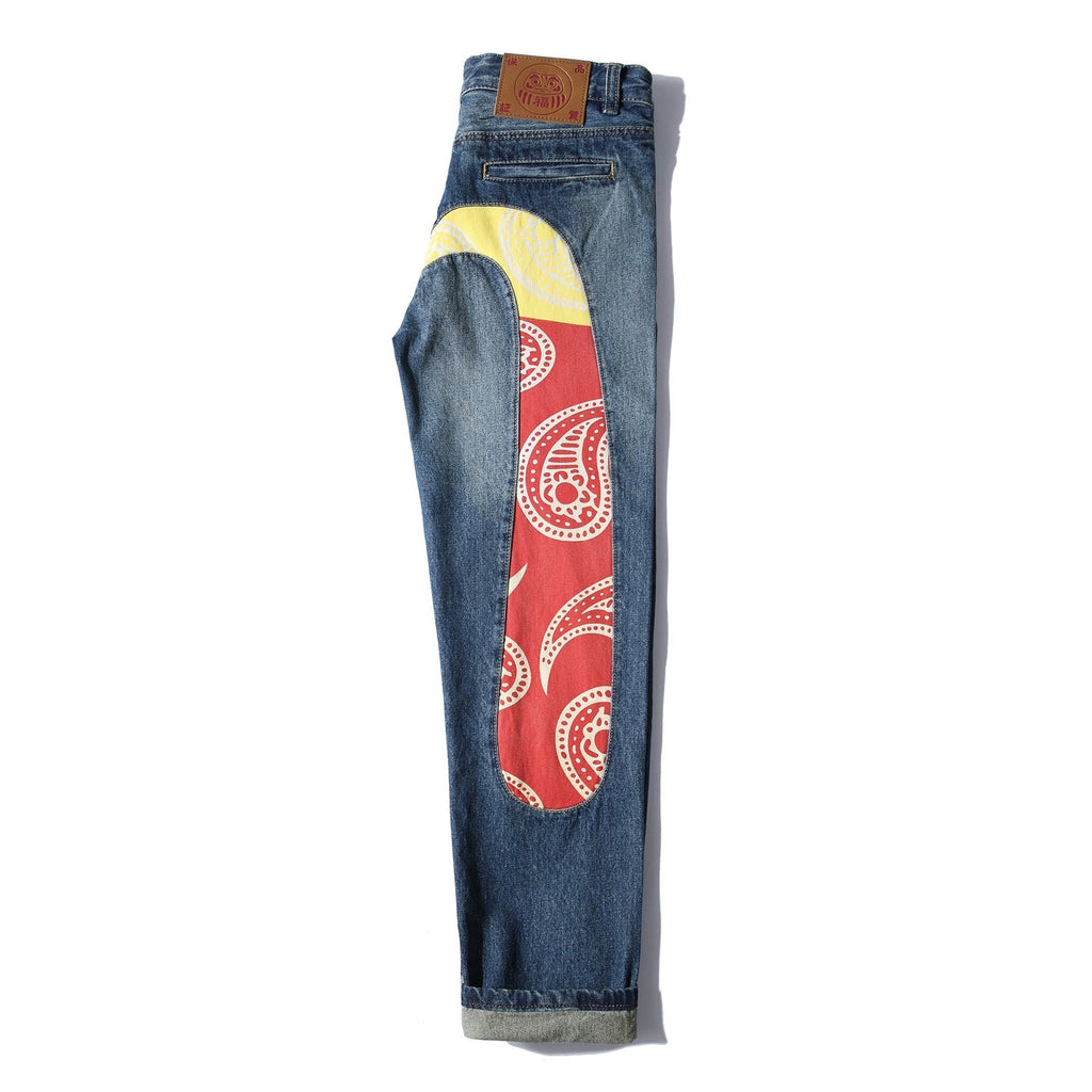 EVISU KURO Oversized Daicock Seagull Paisley Panel Jeans Mid-Blue Washed Selvedge Denim