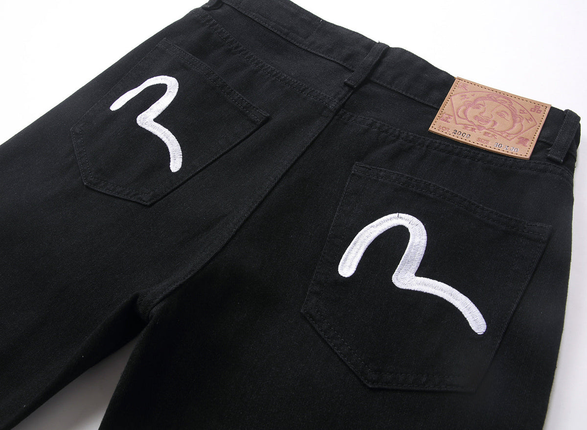 EVISU KURO Black Straight Leg Jeans Dual Seagull Embroidery Pockets Classic OG