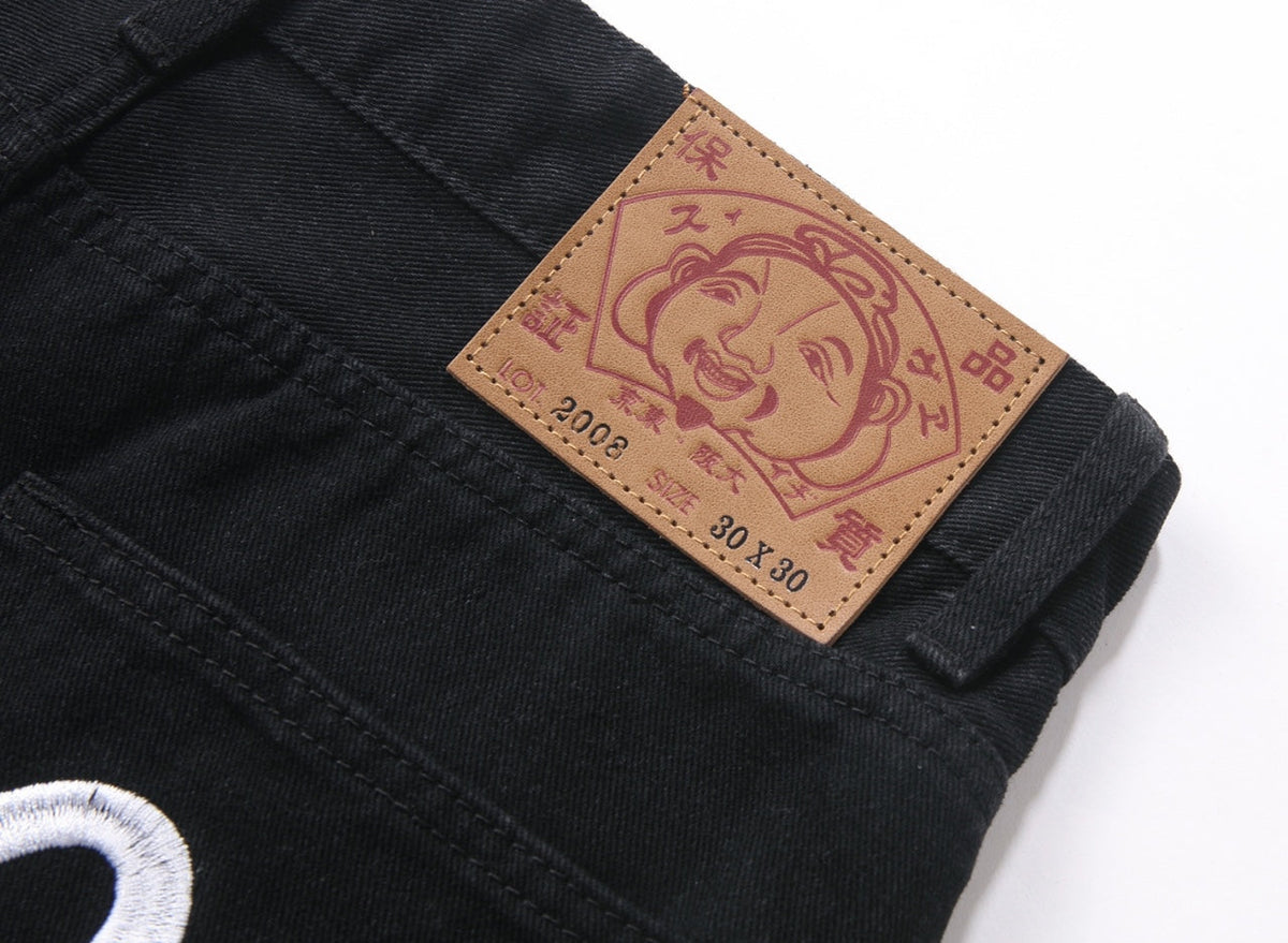 EVISU KURO Black Straight Leg Jeans Dual Seagull Embroidery Pockets Classic OG