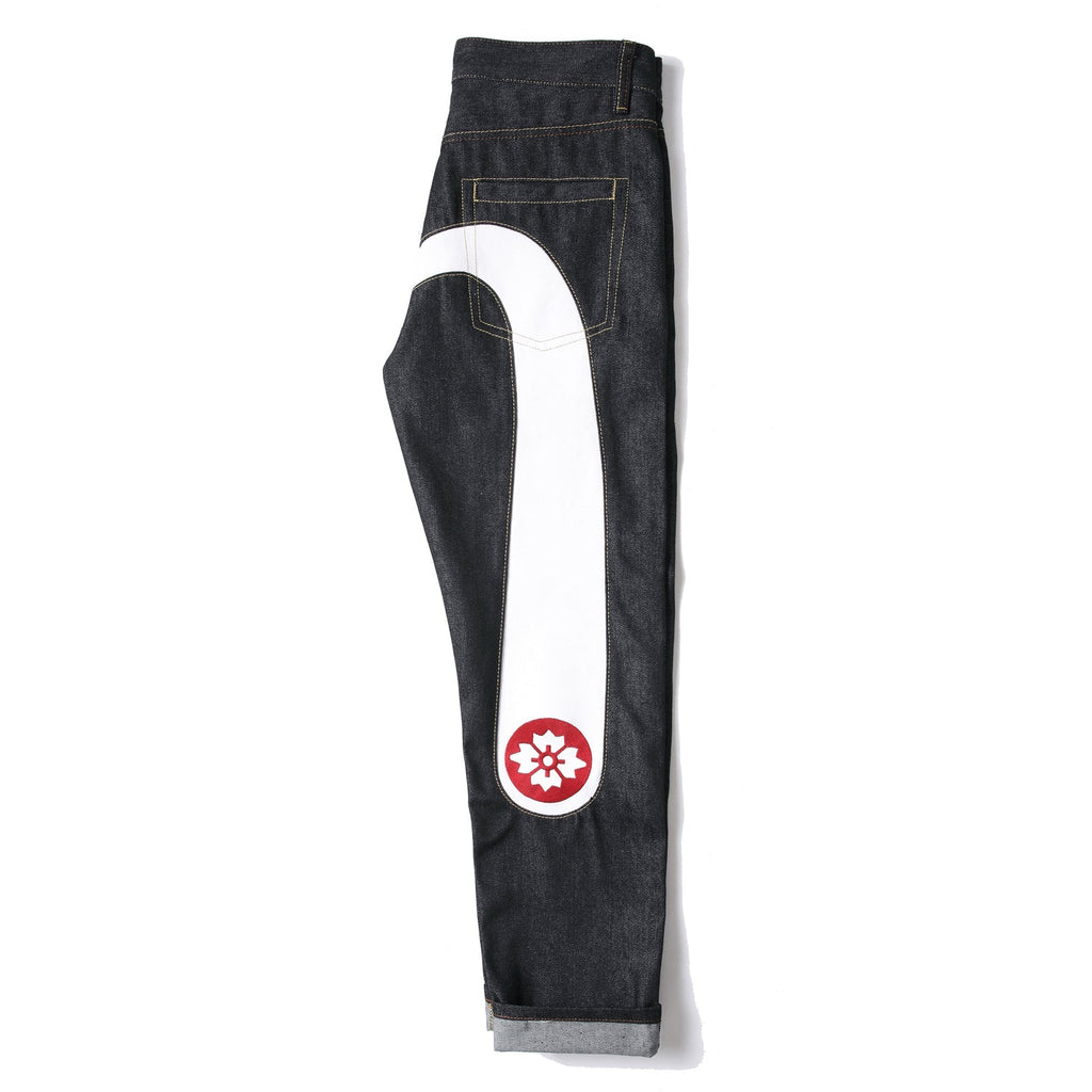 EVISU KURO Daicock Oversized Seagull Appliqué Sakura Mon Jeans Raw Selvedge Denim Dark Indigo
