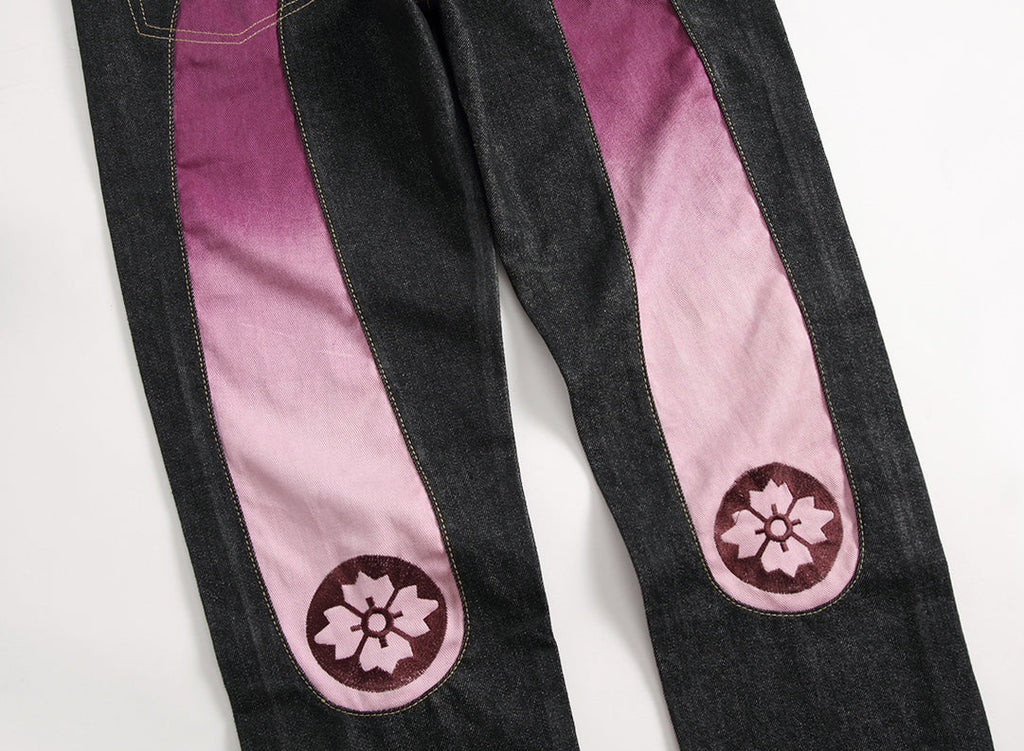 EVISU KURO Daicock Ombré Pink Gradient Seagull Panel Sakura Kamon Jeans Raw Selvedge Dark Indigo