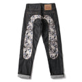EVISU KURO Daicock Ukiyo-e Wave Whale Print Seagull Panel Jeans Raw Selvedge Dark Indigo