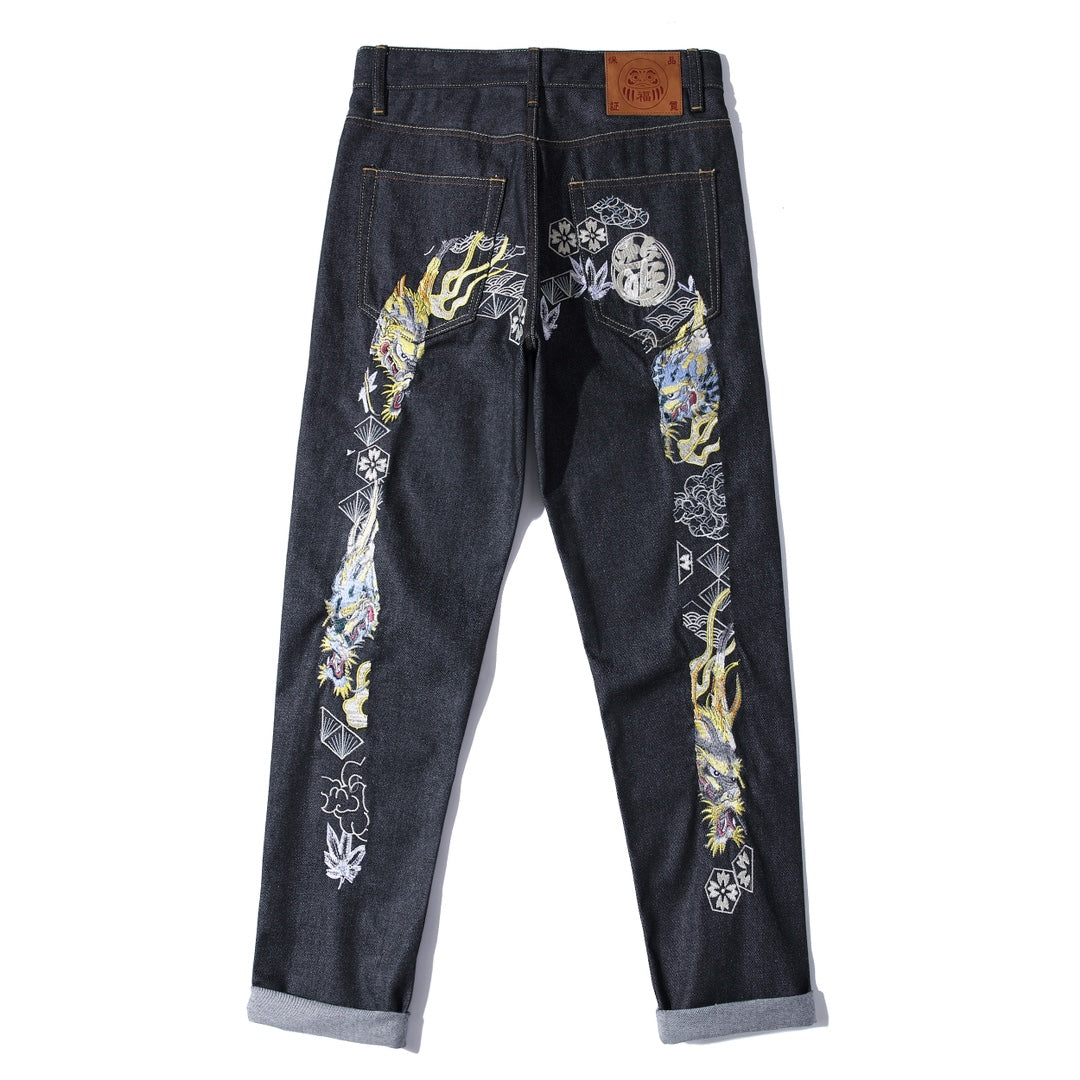 EVISU KURO Dual Dragon Full-Back Embroidery Kamon Jeans Raw Selvedge Dark Indigo