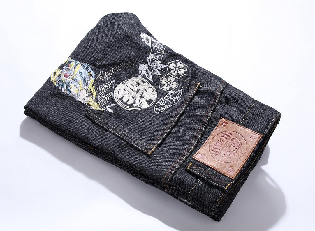 EVISU KURO Dual Dragon Full-Back Embroidery Kamon Jeans Raw Selvedge Dark Indigo