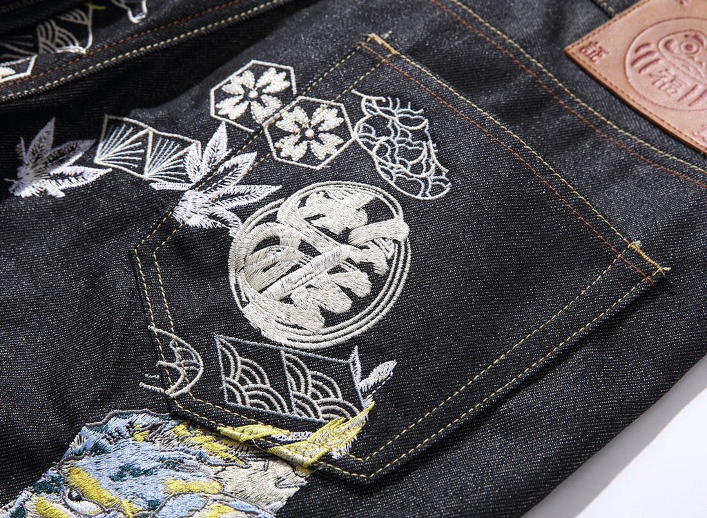 EVISU KURO Dual Dragon Full-Back Embroidery Kamon Jeans Raw Selvedge Dark Indigo