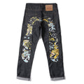 EVISU KURO Daicock Tiger & Foo Dog Print Appliqué Panel Jeans Wide Relaxed Fit Raw Selvedge Dark Indigo