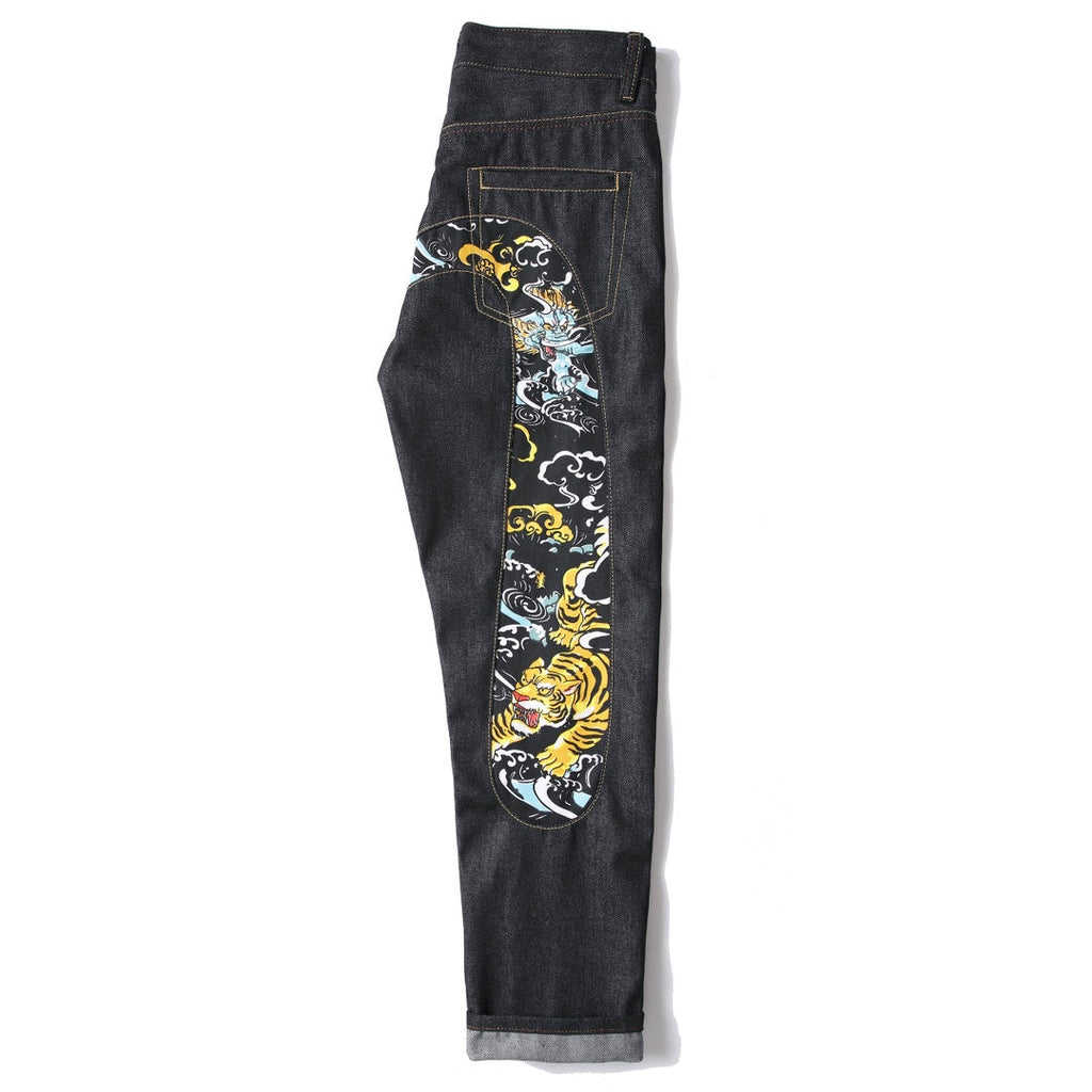 EVISU KURO Daicock Tiger & Foo Dog Print Appliqué Panel Jeans Wide Relaxed Fit Raw Selvedge Dark Indigo