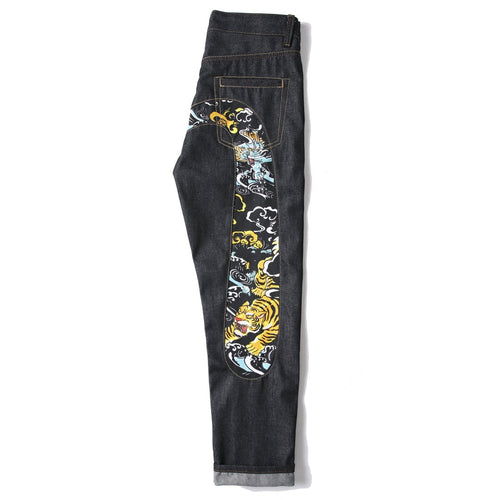 EVISU KURO Daicock Tiger & Foo Dog Print Appliqué Panel Jeans Wide Relaxed Fit Raw Selvedge Dark Indigo