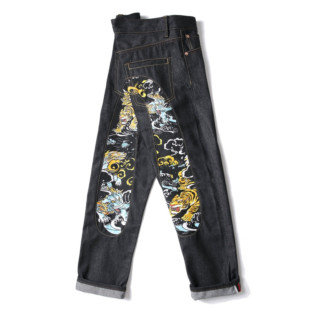EVISU KURO Daicock Tiger & Foo Dog Print Appliqué Panel Jeans Wide Relaxed Fit Raw Selvedge Dark Indigo