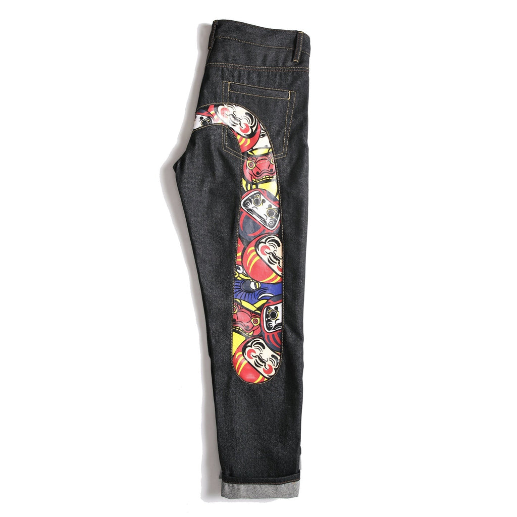 EVISU KURO Daicock Daruma Doll Print Appliqué Panel Jeans Wide Fit Raw Selvedge Dark Indigo