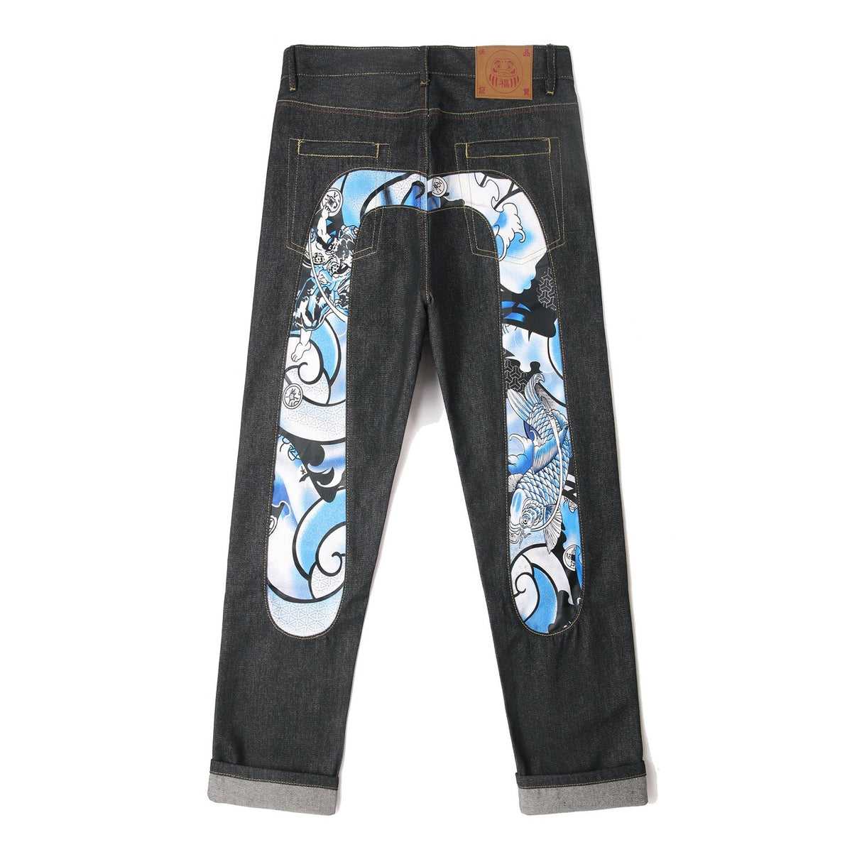 EVISU KURO Daicock Koi Fish Wave Irezumi Print Appliqué Panel Jeans Raw Selvedge Dark Indigo