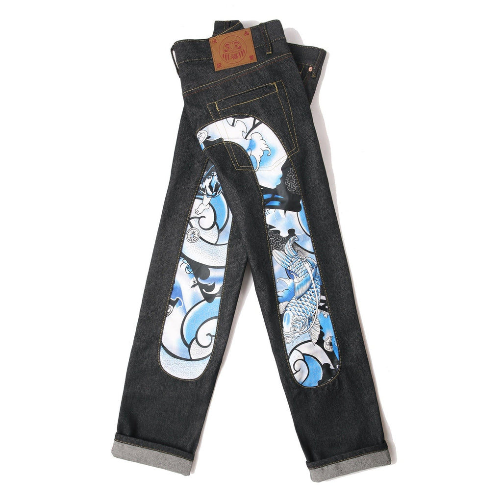 EVISU KURO Daicock Koi Fish Wave Irezumi Print Appliqué Panel Jeans Raw Selvedge Dark Indigo