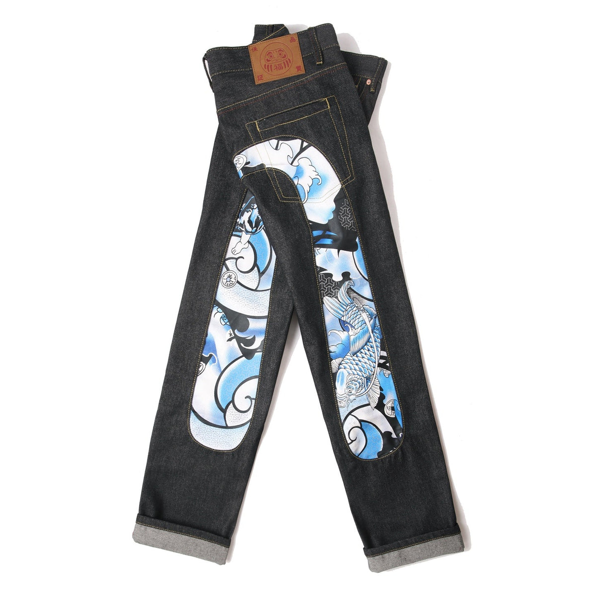 EVISU KURO Daicock Koi Fish Wave Irezumi Print Appliqué Panel Jeans Raw Selvedge Dark Indigo