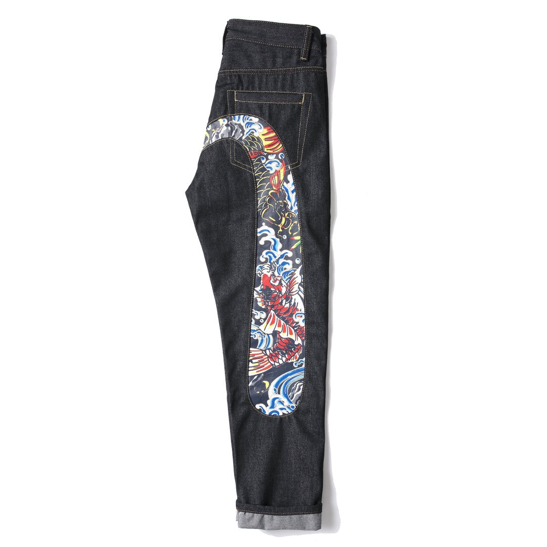EVISU KURO Daicock Red Gold Koi Fish Irezumi Full-Color Print Appliqué Panel Jeans Wide Fit Black Raw Selvedge