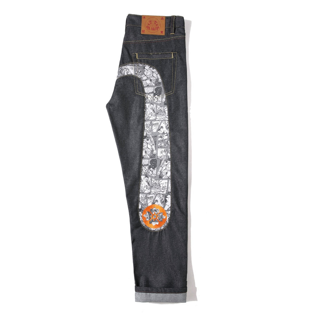 EVISU KURO Daicock Manga Comic Panel Print Appliqué Jeans Orange Kamon Badge Straight Fit Black Raw Selvedge