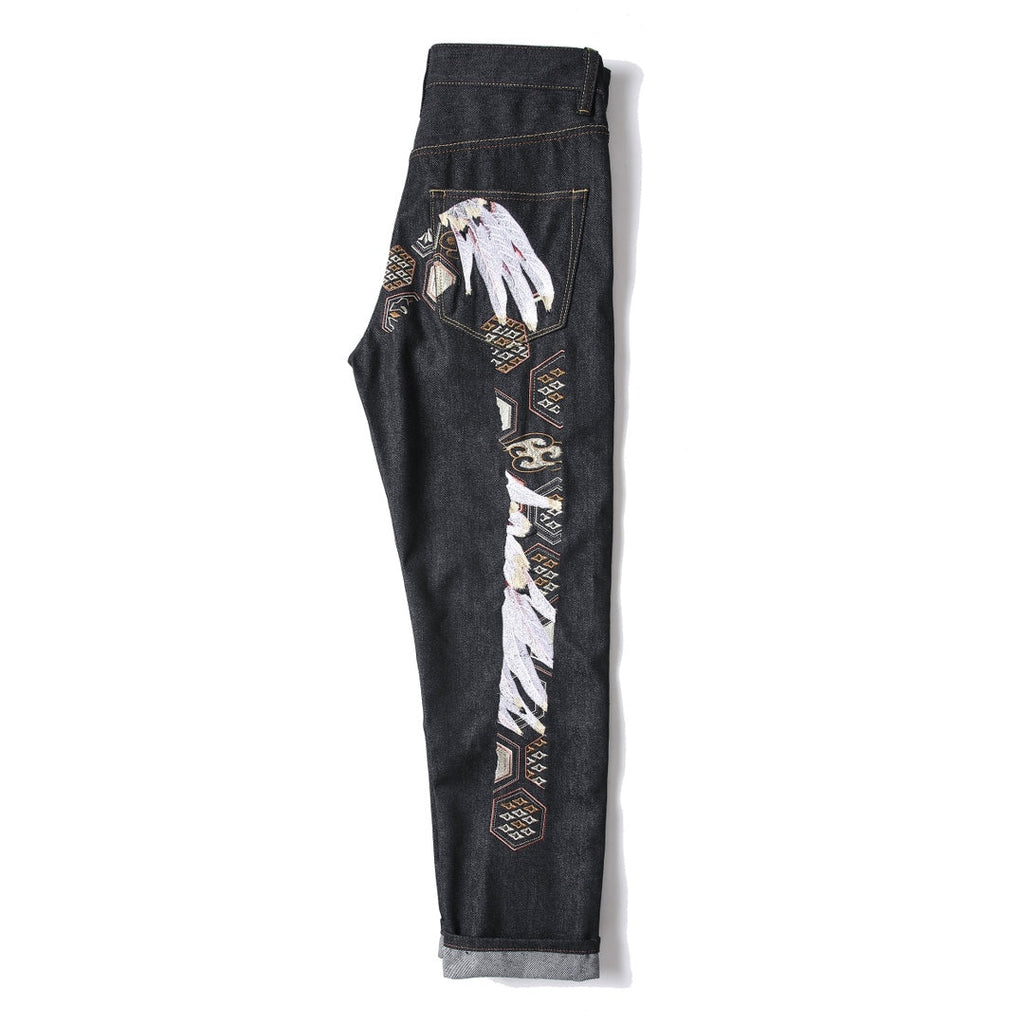 EVISU KURO Tsuru Crane Feather & Kikko Gold Geometric Embroidery Jeans Slim Straight Black Raw Selvedge