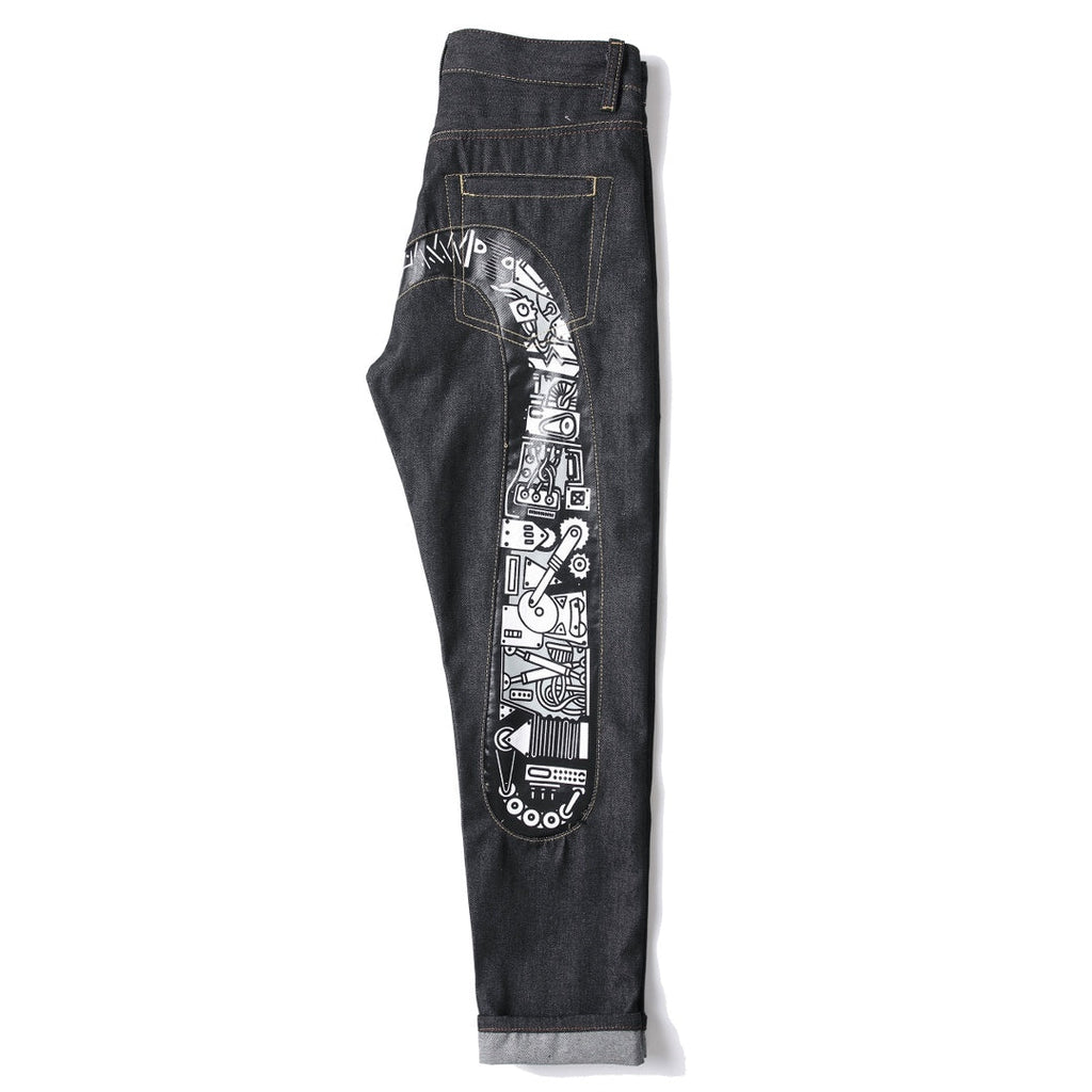 EVISU KURO Daicock Steampunk Mechanical Gear Print Appliqué Panel Jeans Wide Fit Raw Selvedge Dark Grey