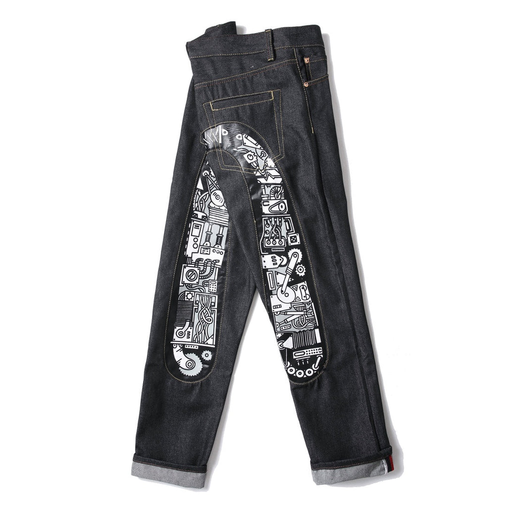 EVISU KURO Daicock Steampunk Mechanical Gear Print Appliqué Panel Jeans Wide Fit Raw Selvedge Dark Grey