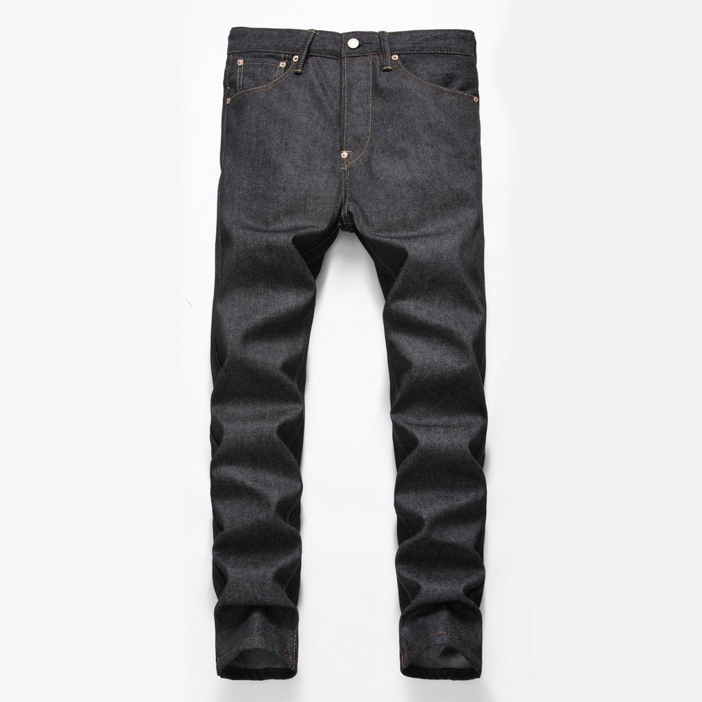EVISU KURO Daicock Steampunk Mechanical Gear Print Appliqué Panel Jeans Wide Fit Raw Selvedge Dark Grey