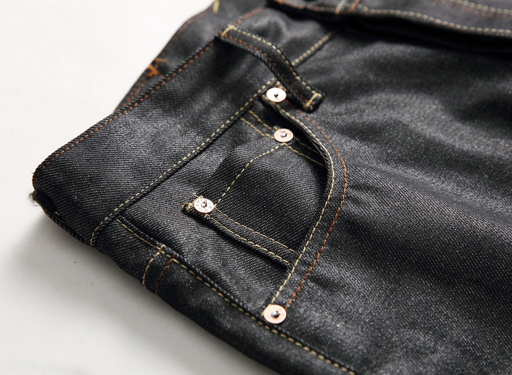 EVISU KURO Daicock Steampunk Mechanical Gear Print Appliqué Panel Jeans Wide Fit Raw Selvedge Dark Grey