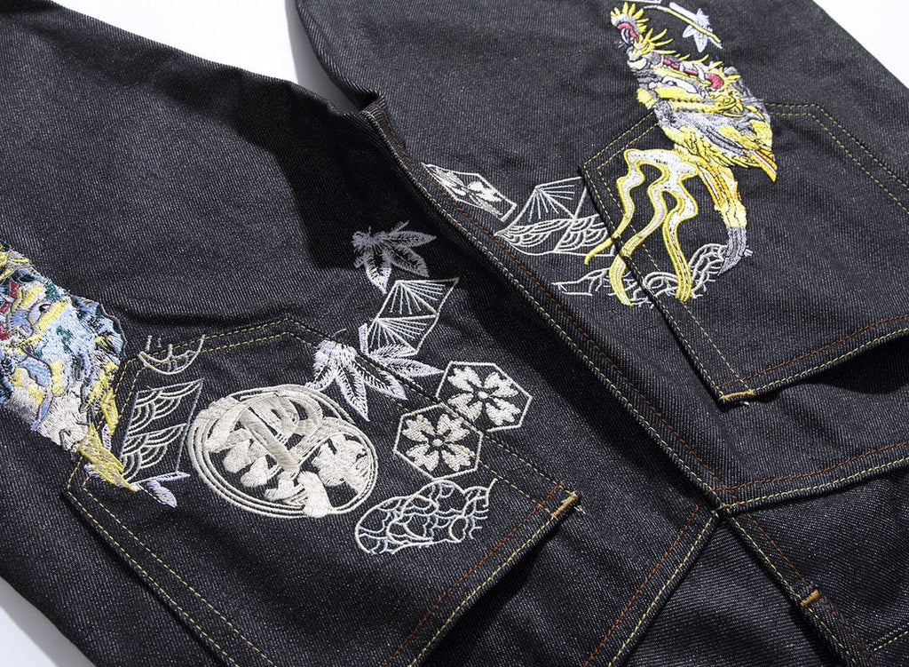 EVISU KURO Dual Dragon Kamon Sensu Multi-Element Embroidery Jeans Slim Straight Black Raw Selvedge