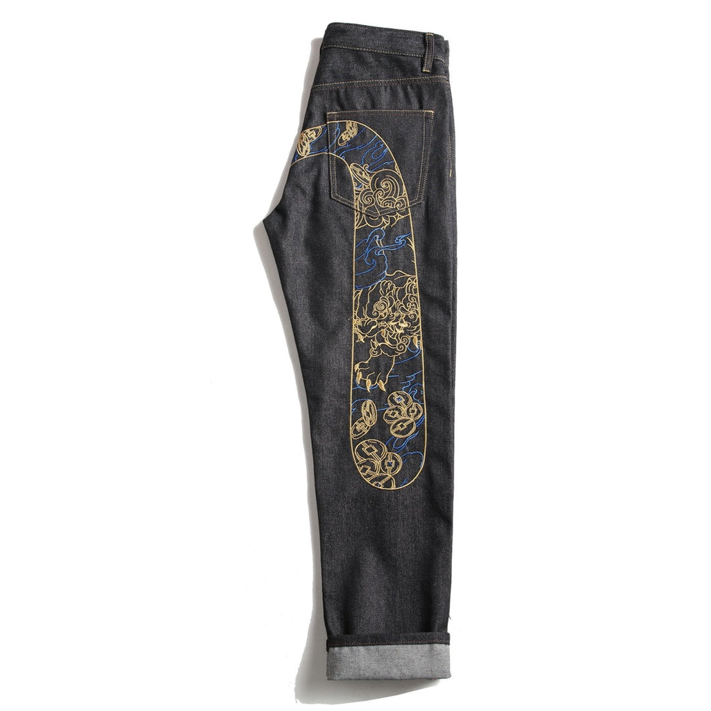 EVISU KURO Daicock Shishi Foo Dog Cloud Koban Gold Blue Embroidery Jeans Wide Fit Black Raw Selvedge