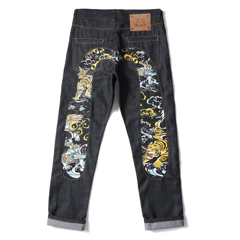EVISU KURO Daicock Tiger & Shishi Irezumi Full-Color Print Appliqué Panel Jeans Wide Fit Black Raw Selvedge
