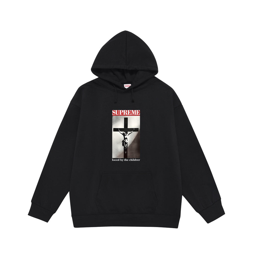 Supreme Crucifix Photo & Red Banner Print Hoodie