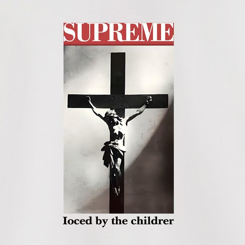 Supreme Crucifix Photo & Red Banner Print Hoodie