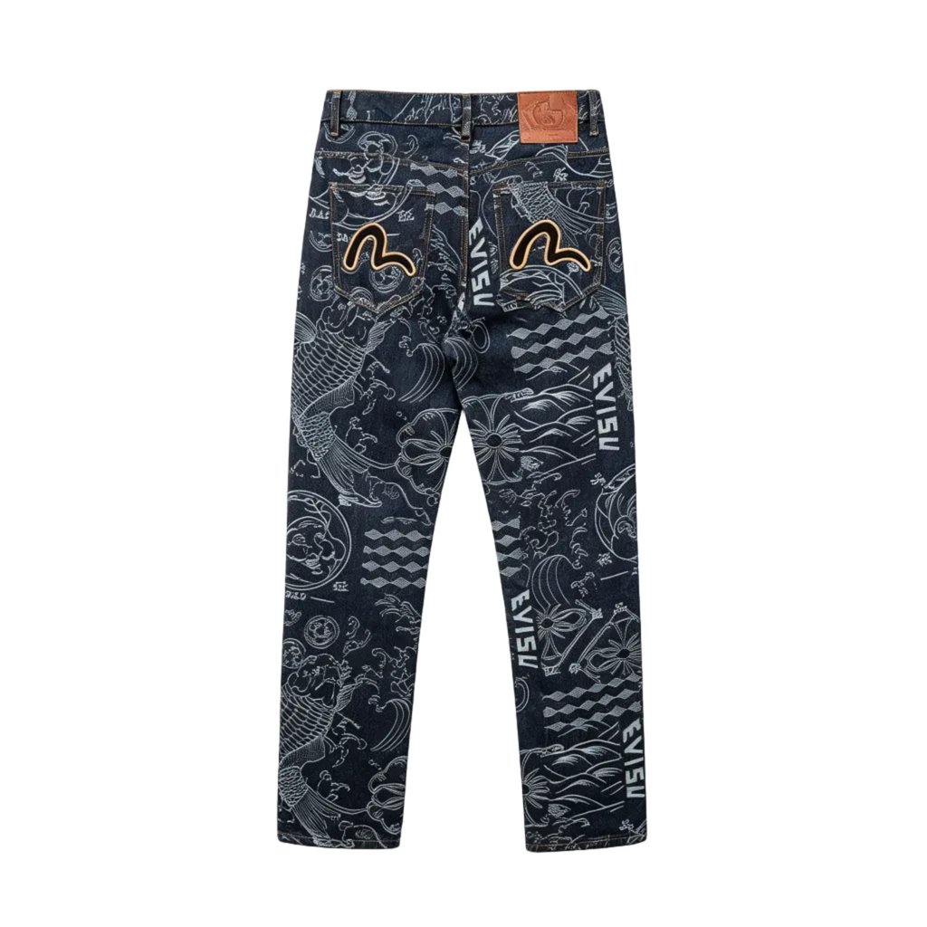 EVISU Wagara Allover Print Seagull Logo Embroidery Straight Jeans
