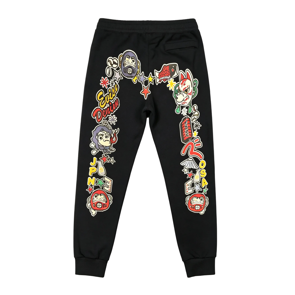 EVISU Denim Kitsune Daruma Sticker Collage M-Logo Graphic Jogger Sweatpants