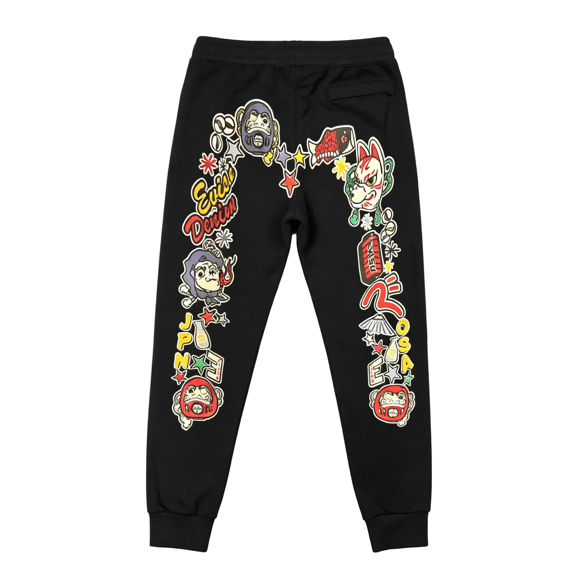 EVISU Denim Kitsune Daruma Sticker Collage M-Logo Graphic Jogger Sweatpants