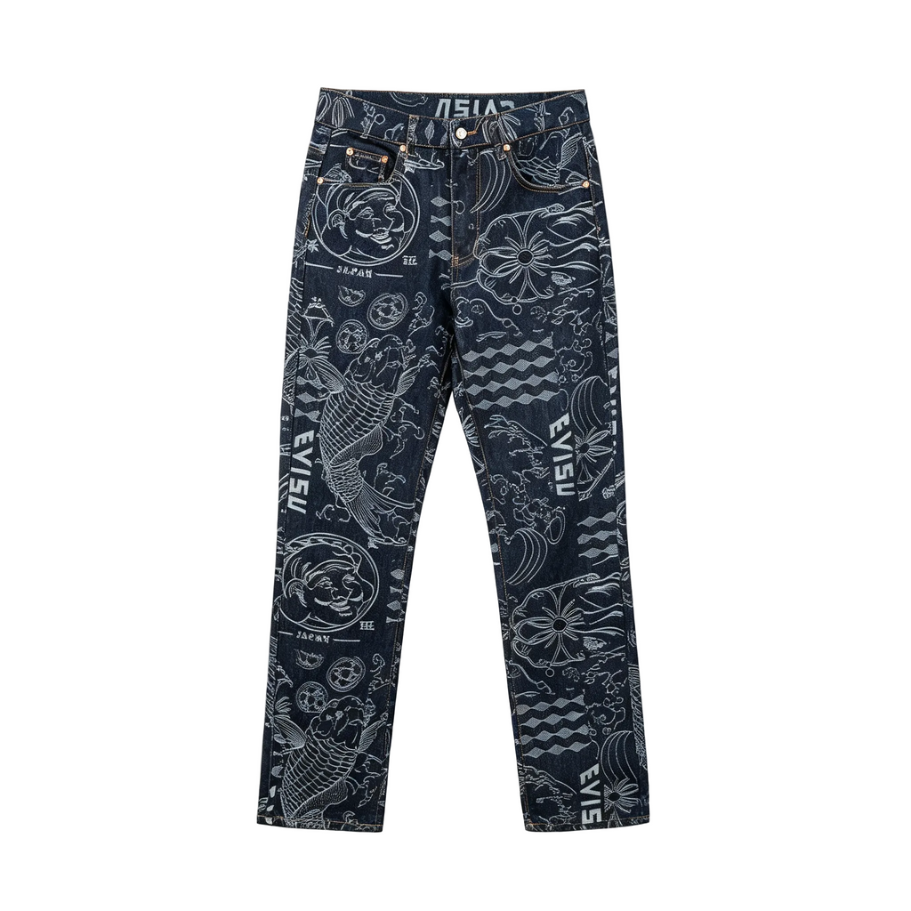 EVISU Wagara Allover Print Seagull Logo Embroidery Straight Jeans