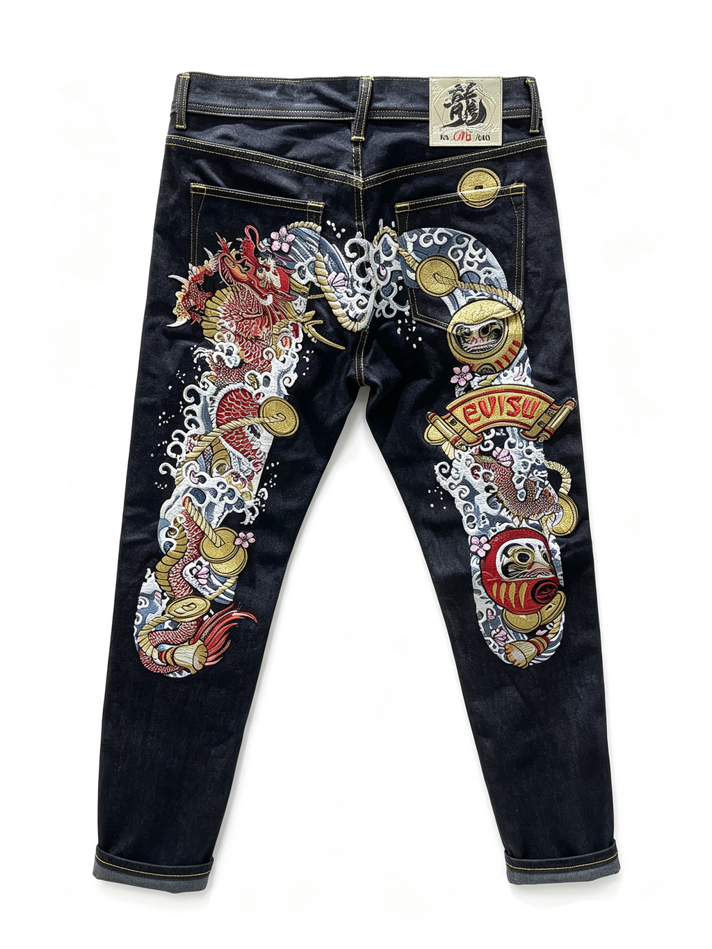 EVISU Kuro Dragon & Daruma Full-Back Embroidery Selvedge Jeans